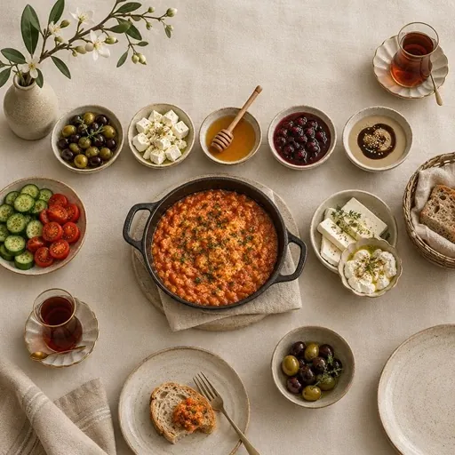 Menemen, zeytin, peynir ve çayla kurulmuş bir pazar kahvaltısı.