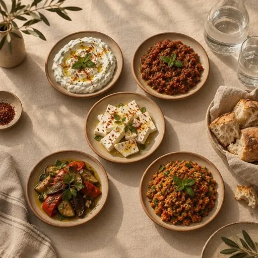 Keten örtü üzerinde küçük tabaklarda meze sofrası.