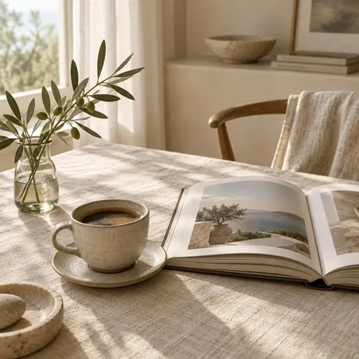 Sabah ışığında bir fincan kahve ve açık bir kitap.
